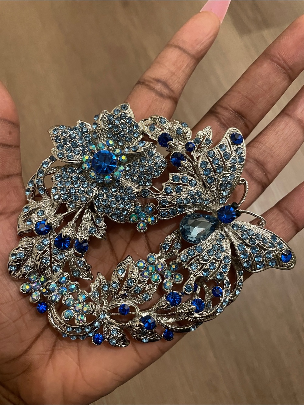 Blue Crystal Floral Butterfly Brooch - Women Jewelry